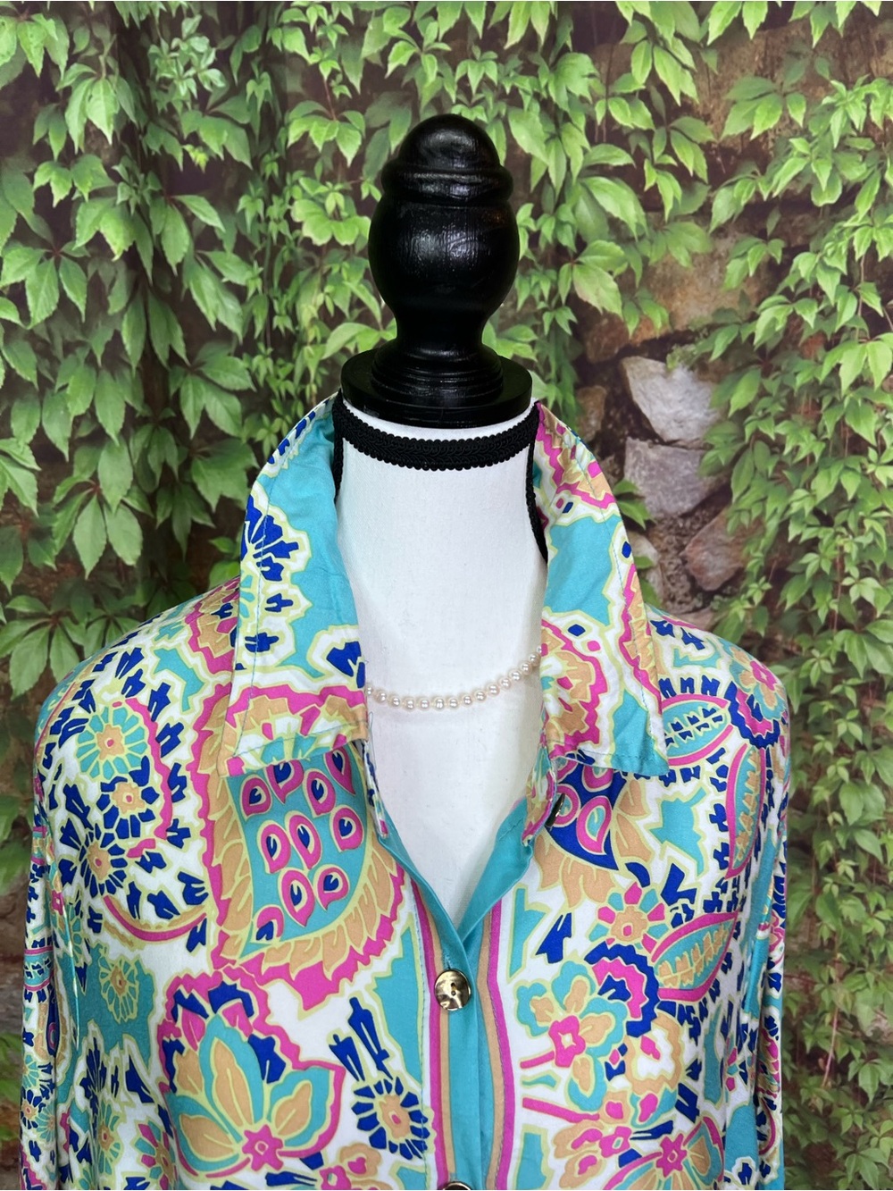 HAUTE HIPPIE STYLE Paisley Resortwear Floral Turquoise Button Front Blouse, 1X - Picture 3 of 14